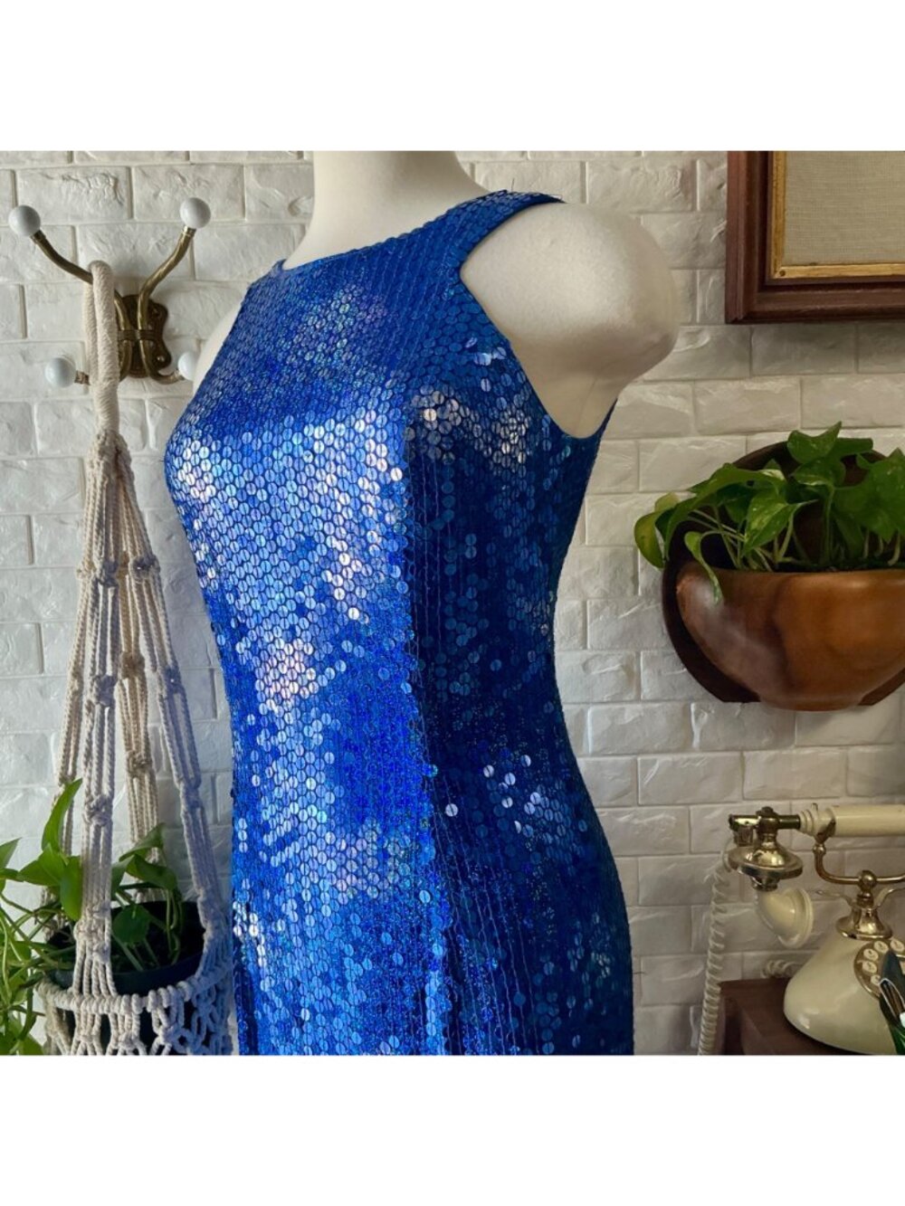 Vintage 1990s Y2K Royal Blue Sequin Halter Dress Gown + Cut-Out Back - Picture 3 of 12